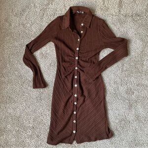 Nasty Gal Chocolate Brown button up long sleeve Midi Dress - size 2